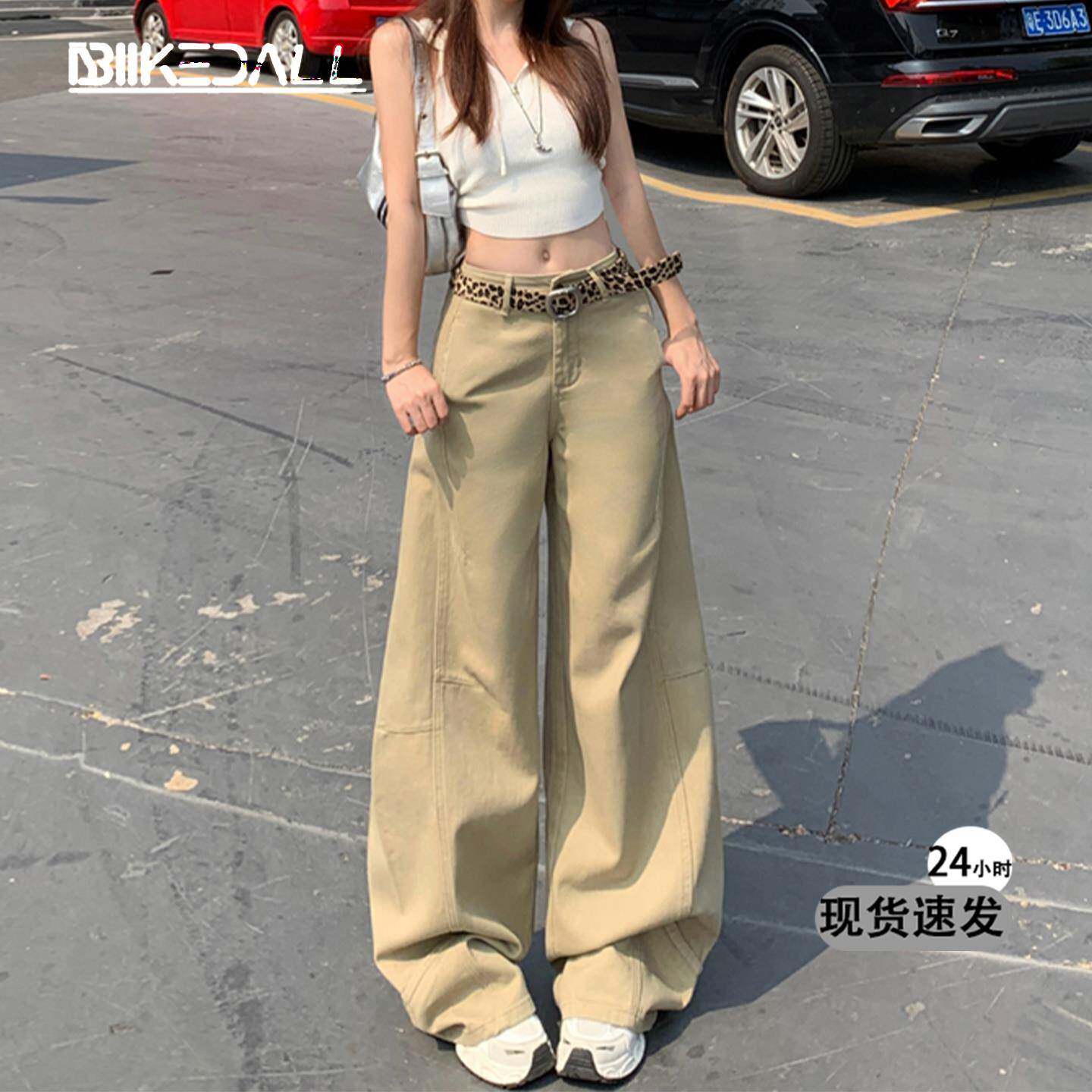 卡其色阔腿牛仔裤女2025秋季新款美式复古低腰拼接宽松显瘦拖地裤