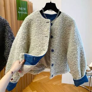 2025秋冬新款 宽松显瘦加厚上衣小香风拼色羊羔毛夹棉外套女潮 韩版