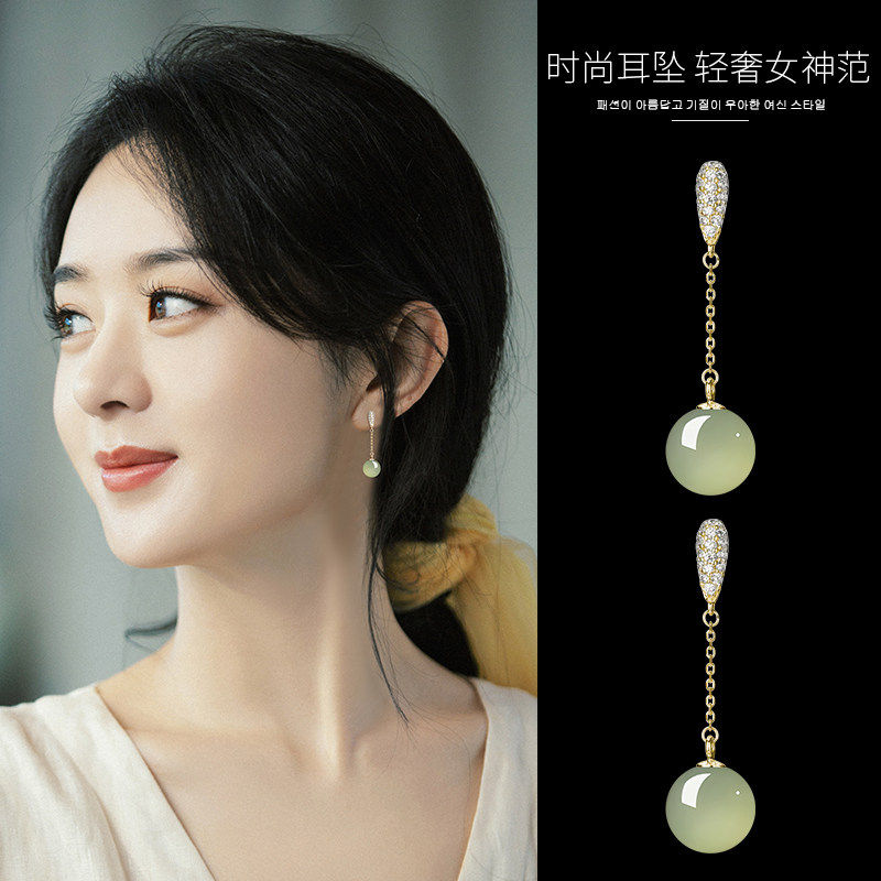 法国YaoYiZun和田玉耳钉2026新款爆款高级感耳夹纯银翡翠流苏耳环