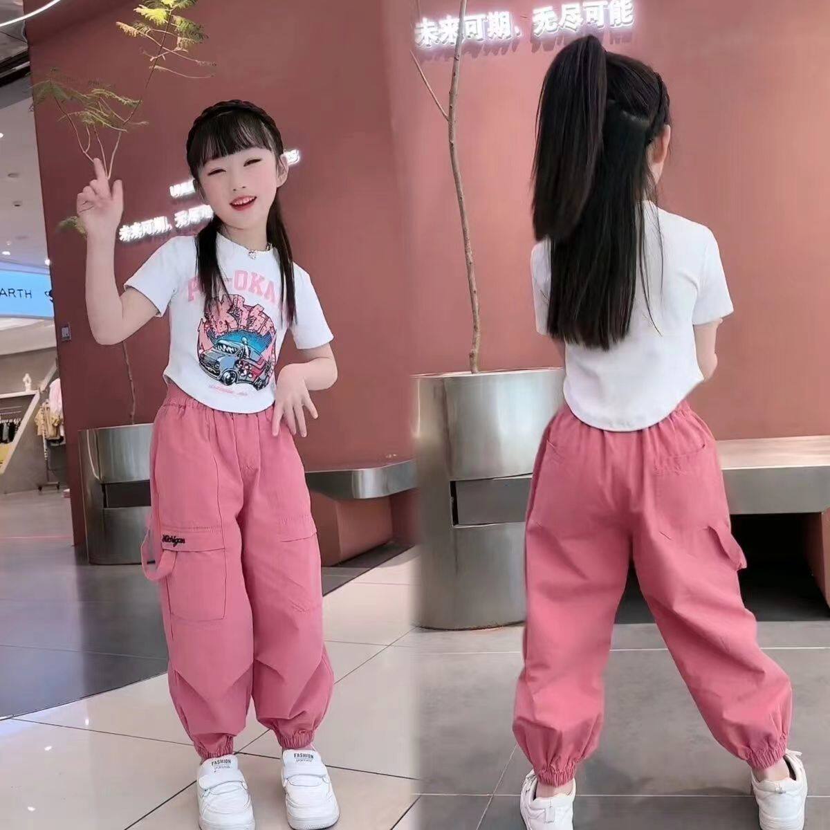 女童短袖夏季套装2025新款网红洋气大童时髦工装裤宽松时尚两件套