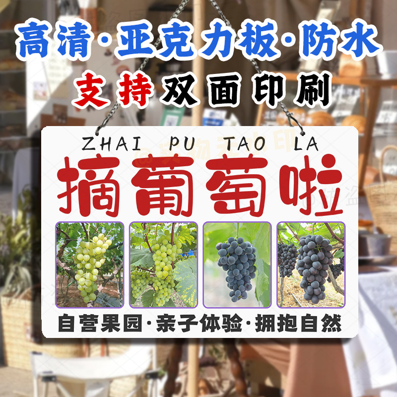 亚克力双面挂牌 现摘新鲜葡萄采摘园挂画可定制路边摆摊防水招牌