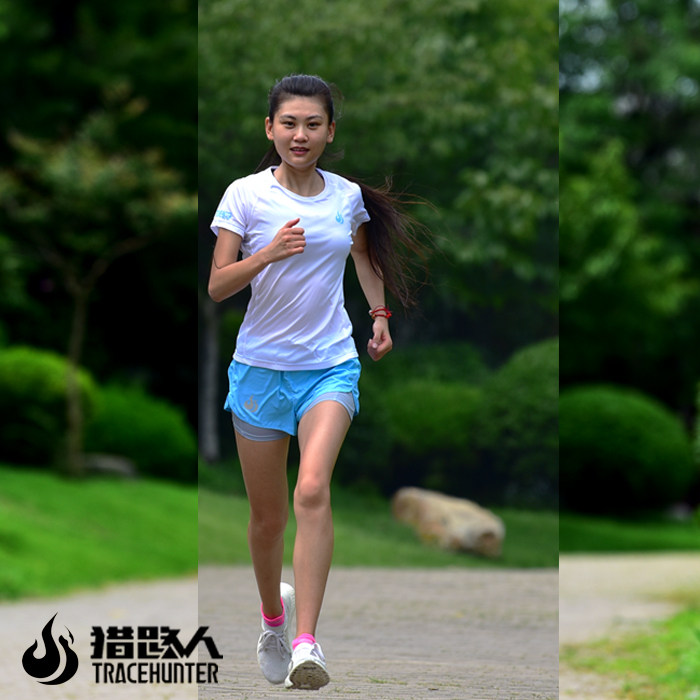 猎路人女式速干反光透气跑步短袖超轻科技T恤 2020特别款 战疫蓝