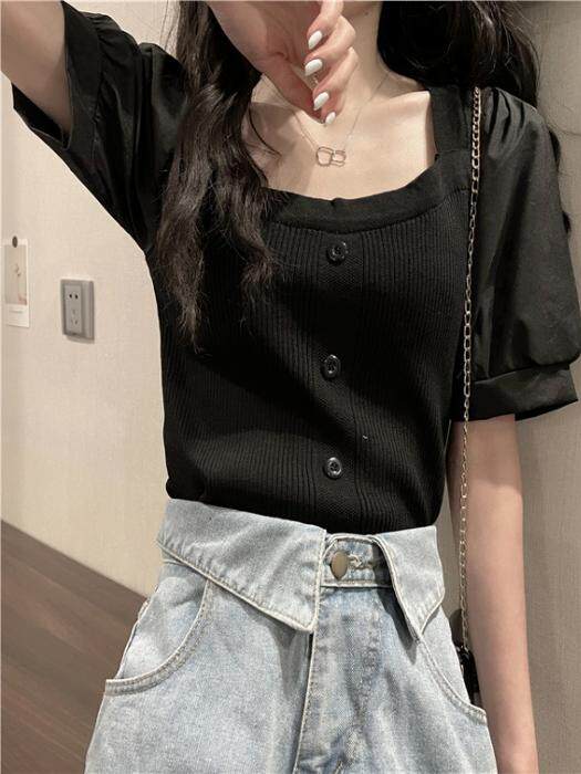 수유복 여름 반팔 티셔츠 2022 외출 시 더운 엄마를 위한 새로운 스타일 수유 상의 트렌디한 사각 직조 퍼프 슬리브 셔츠