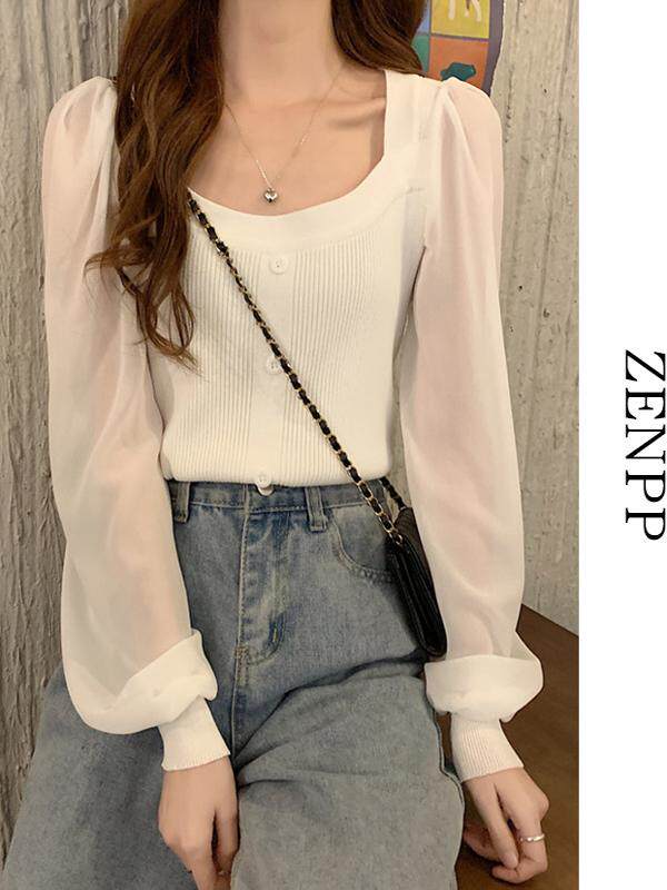 2024 새로운 간호 의류 봄과 가을 나들이 뜨거운 엄마 스타일 간호 탑 트렌디 스퀘어 넥 니트 퍼프 슬리브 셔츠 여성용