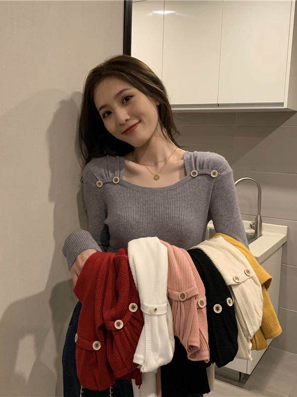 간호 스퀘어 넥 스웨터 간호 탑 긴 소매 바닥 셔츠 가을 2022 새로운 한국어 스타일 슬림 피트