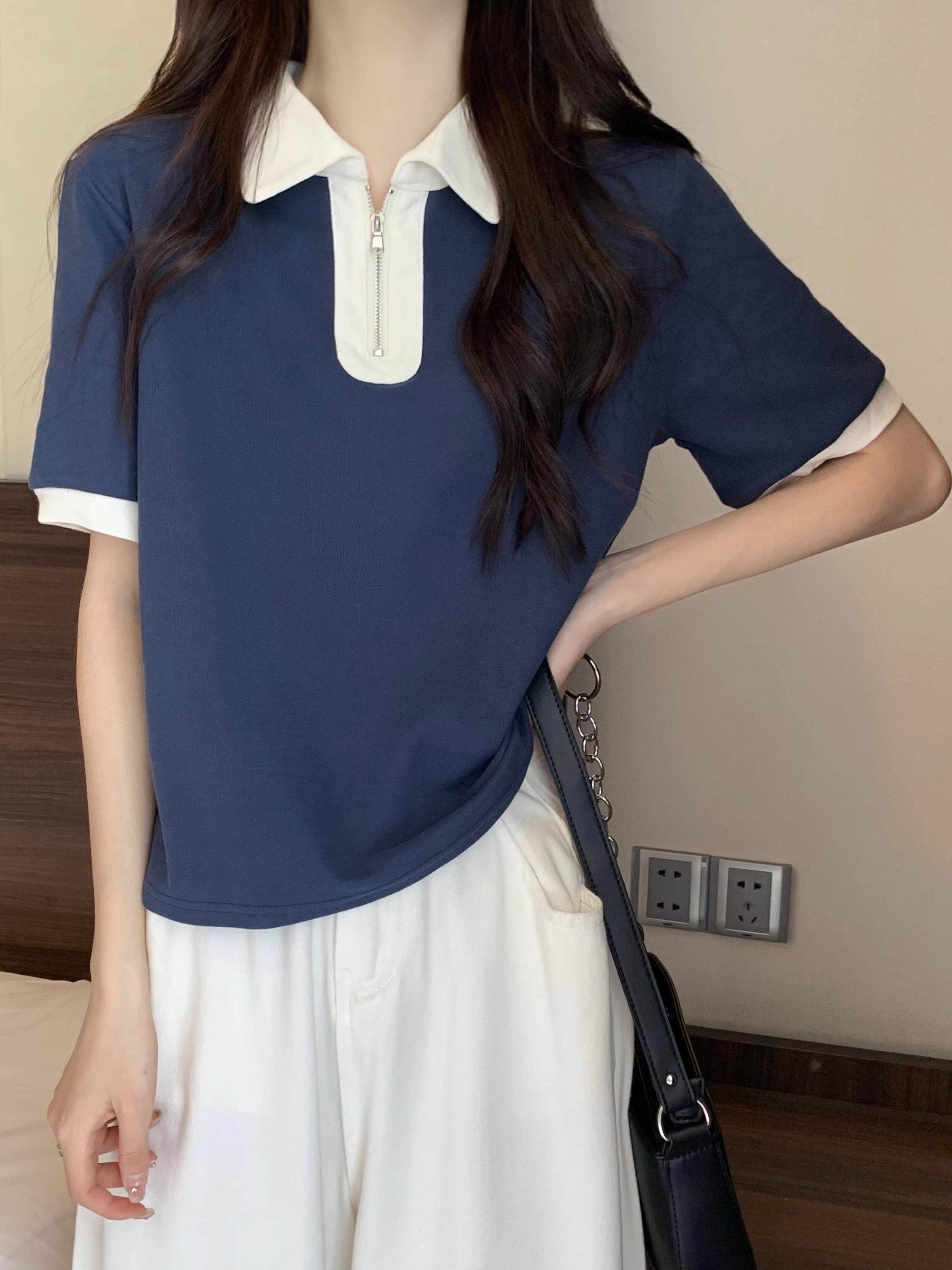 수유 상의 2023 새로운 여름 스타일 수유 기간 산후 나들이 뜨거운 엄마 스타일 티셔츠 오른쪽 어깨 폴로 칼라 수유 상의