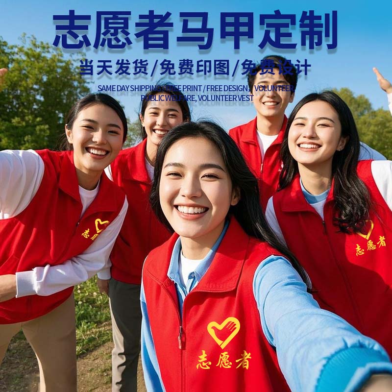 志愿者马甲定制印字logo公益义工红色工作服团体广告衫活动装订做