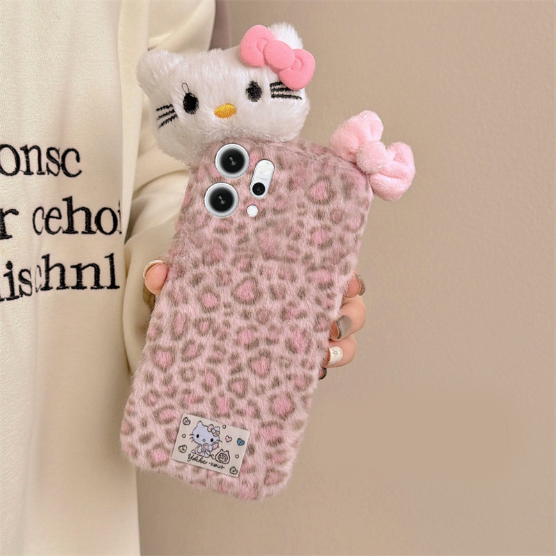 粉色豹纹kt猫适用opporeno15手机壳reon14蝴蝶结13立体12pro秋冬11毛绒10por+毛茸茸9卡通7se可爱5k/4se/oppo