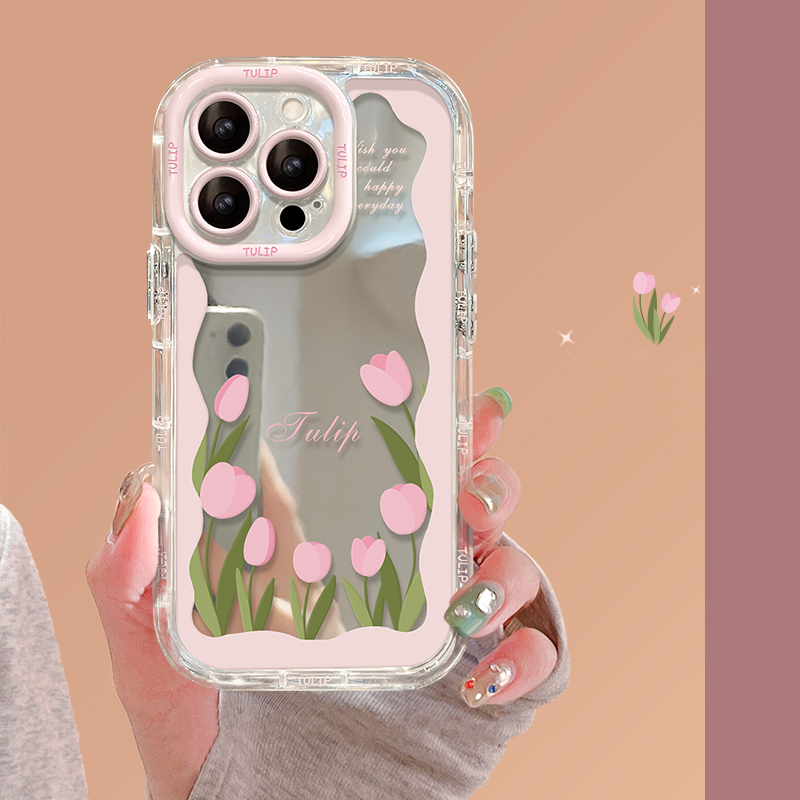 奶油镜面镜子郁金香花朵碎花手机壳
