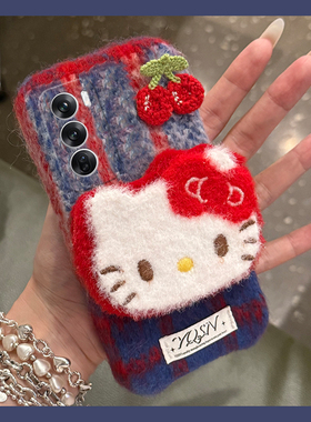 樱桃Kitty猫适用opporeno12pro手机壳reno11格纹reon10+十9卡通8可爱7se毛绒绒6秋冬季5k硅胶4se可爱3女oppo