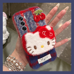樱桃Kitty猫适用opporeno12pro手机壳reno11格纹reon10+十9卡通8可爱7se毛绒绒6秋冬季5k硅胶4se可爱3女oppo