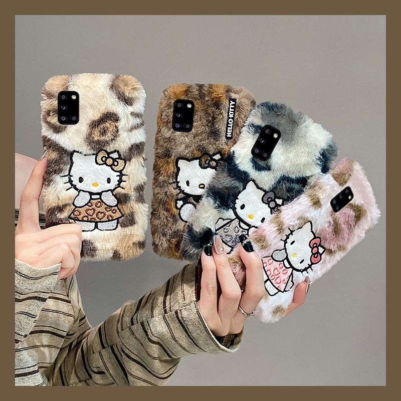 刺绣豹纹kt猫适用三星a90手机壳a80卡通a70s可爱a50秋冬季a30毛绒a20毛茸茸a10保暖a52软a8s/galaxy/a53/f52