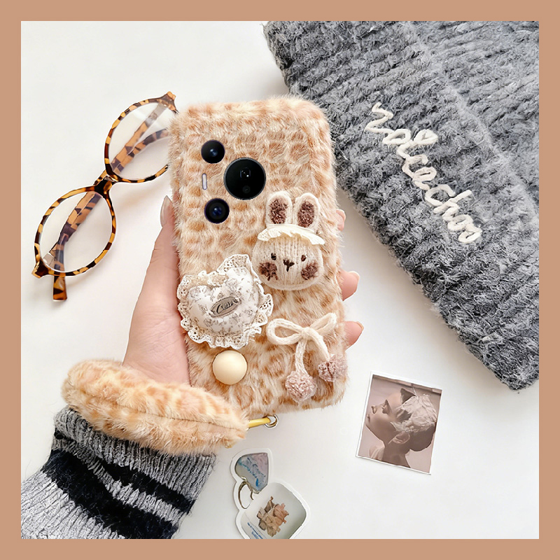 蕾丝爱心兔子适用华为pura80pro+手机壳pura70ultra手提绳p60art豹纹40por+十p30毛绒p20秋冬季p10plus卡通软