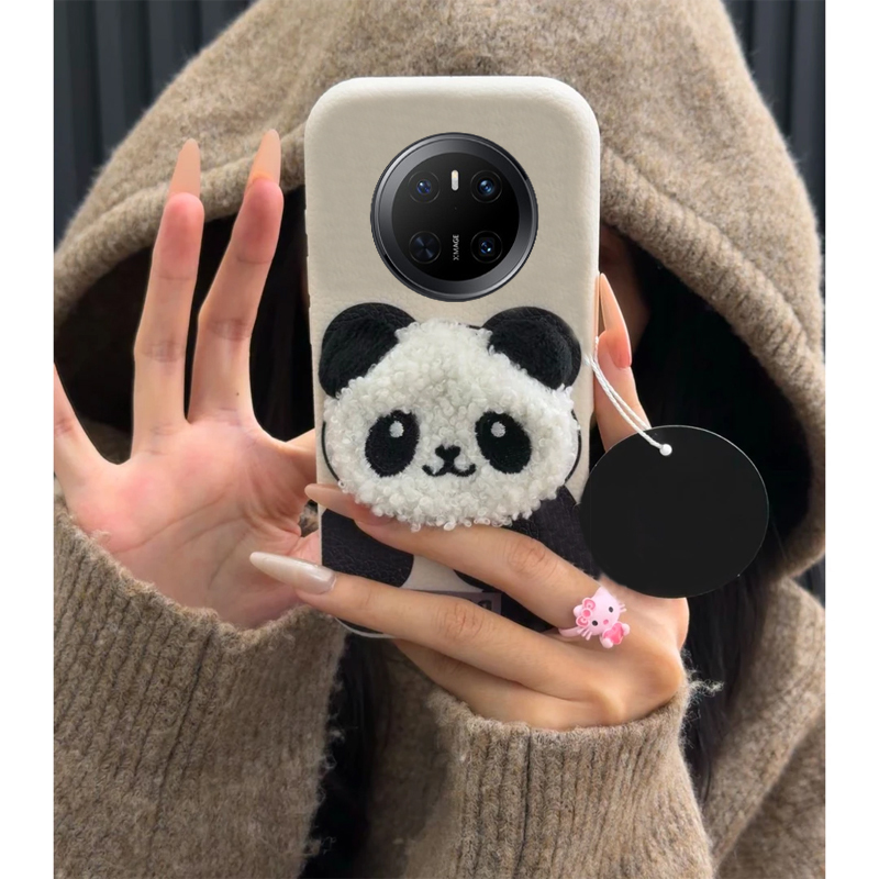 毛绒刺绣熊猫适用华为mate70pro+手机壳mete60呆萌m50e秋冬季40卡通30epor立体十可爱huawei硅胶仿皮皮纹新款