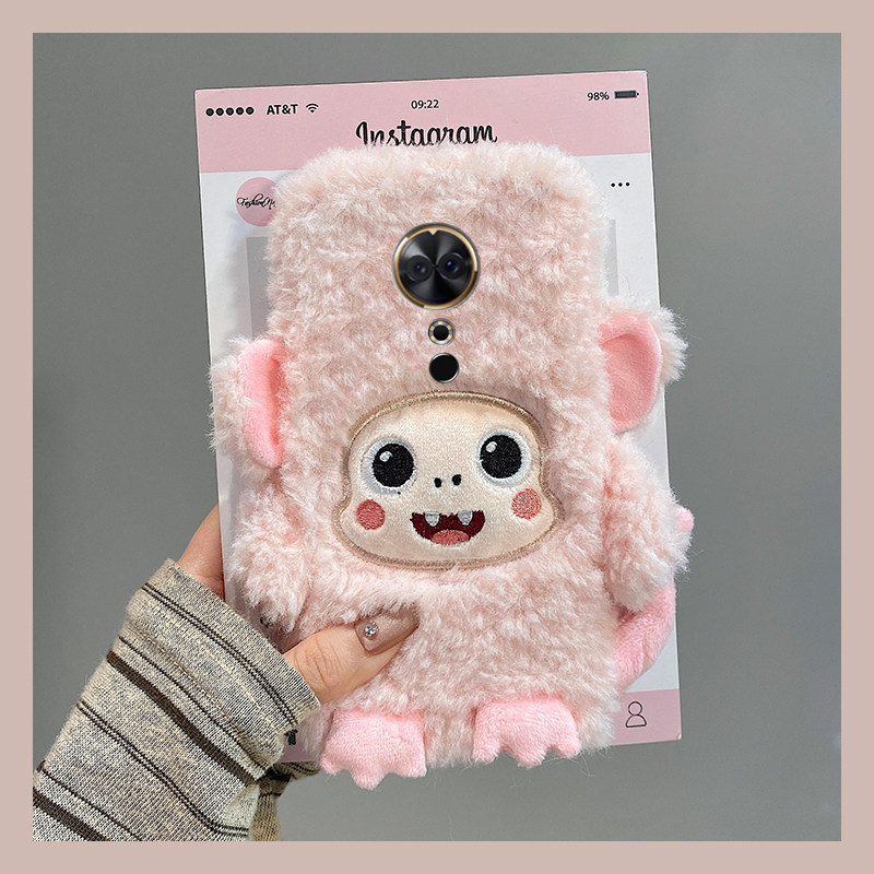 粉色龅牙猴子适用美图m8机壳m8s斜挎t8可背带t8s秋冬季t9毛绒v6毛茸茸硅胶全包防摔立体挂绳绒布卡通保暖软壳