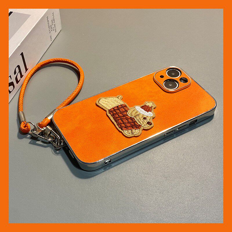 手机壳秋冬绒布牛仔纹橙色卡通刺