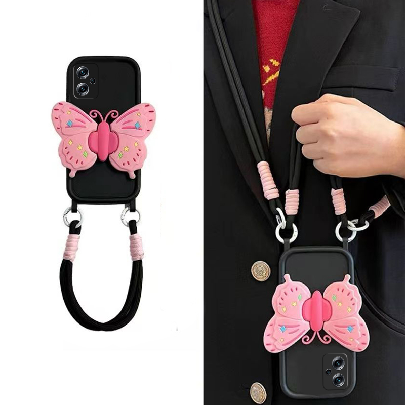 辣妹甜酷粉色蝴蝶支架立体斜挎可背手机壳