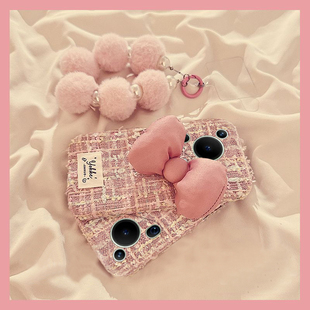 粉色蝴蝶结适用华为pura70pro手机壳p60art毛球p50e挂链p40por p10plus毛绒绒p9硅胶毛毛p 十p30日韩p20秋冬季