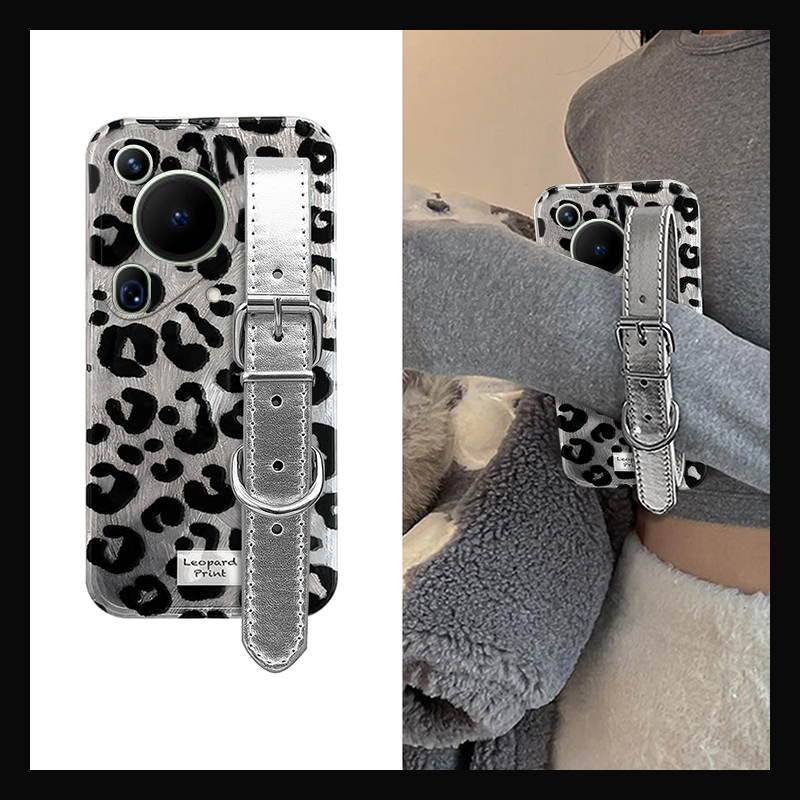 黑色豹纹适用华为pura70pro手机壳p60art立体p50e银色p40por+十p30腕带p20辣妹p10plus潮酷p9硅胶日韩小众女p