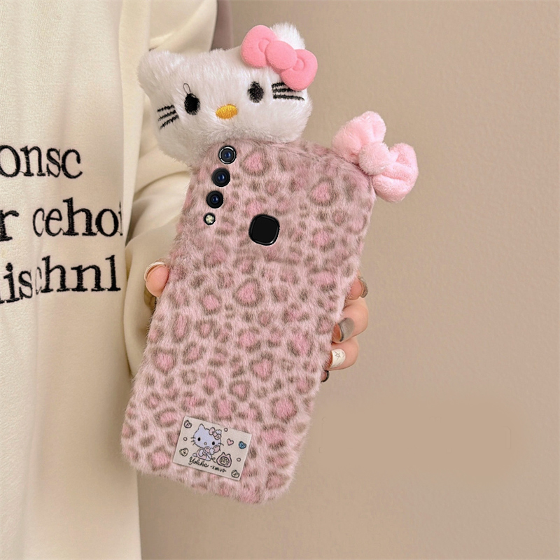 粉色豹纹kt猫适用vivoy9s手机壳y7s蝴蝶结y5s立体y3秋冬季u3x卡通z6毛绒z5x毛茸茸z3i硅胶z1i可爱y9s暖手vivo