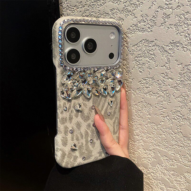 灰色豹纹适用三星a91手机壳a90水钻a82奢华a81闪钻aa80仿皮a71皮纹a60/a56/a55/a53/a52s/a51/a50s钻石立体软