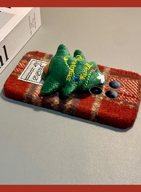 ins风红色格纹适用小米红米note15pro+手机壳noto14立体13圣诞树12turbo+毛绒11t秋冬季10毛茸茸9保暖8软7por