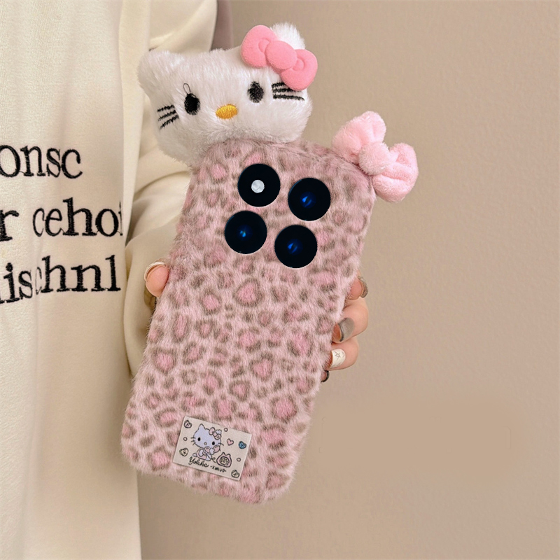 粉色豹纹kt猫适用小米红米note15pro+手机壳noto14蝴蝶结13立体12turbo+秋冬11t毛绒10毛茸茸9卡通8/7por可爱