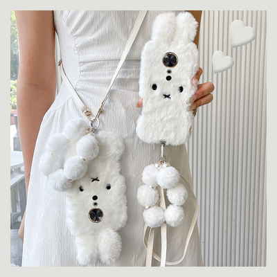 白色兔子适用美图m8机壳m8s立体t8毛球t8s挂链t9斜挎v6毛绒绒硅胶全包防摔卡通可背带新款小众毛毛手提冬天女