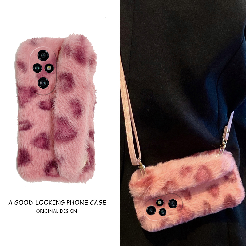 豹纹毛绒绒适用华为荣耀200lite手机壳honor100pro斜挎90gt可背带80腕带70日韩60se毛毛v40i+x50十x40i硅胶女