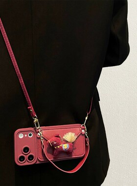 红色小马卡包适用三星s25ultra手机壳s24+马年s23斜挎s22可背带s21立体s20fe卡通a72十a71挂绳a5软a51/galaxy