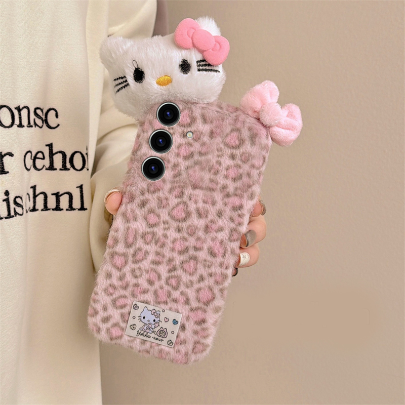 粉色豹纹kt猫适用三星s25edge手机壳s24plus蝴蝶结s23+十s22立体s21fe秋冬季s20ultra毛绒s10/s9/s8/note20软