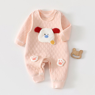 婴儿衣服秋冬女宝加厚连体背带裤套装冬季夹棉宝宝外出分体保暖衣