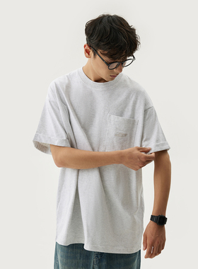 GWDS 双色折袖刺绣日系复古310克口袋水洗T恤翻袖男女短袖