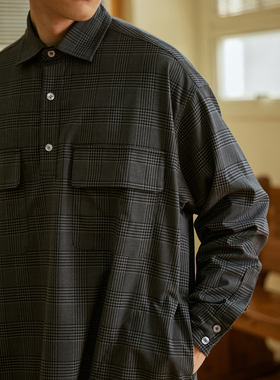 GWDS 日本面料黑色格纹TR混纺长袖衬衫