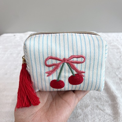 外贸尾货OLIVER BONAS刺绣樱桃迷你化妆包口红包收纳包零钱包