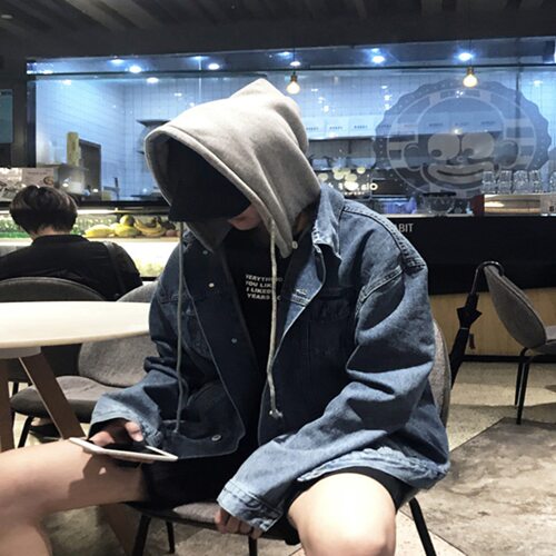 港风男士连帽牛仔外套韩版潮流宽松休闲原宿bf帅气夹克褂子春秋季