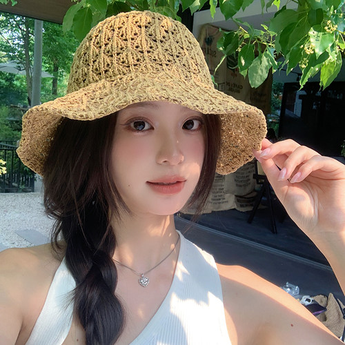 手工编织镂空渔夫帽女海边草帽