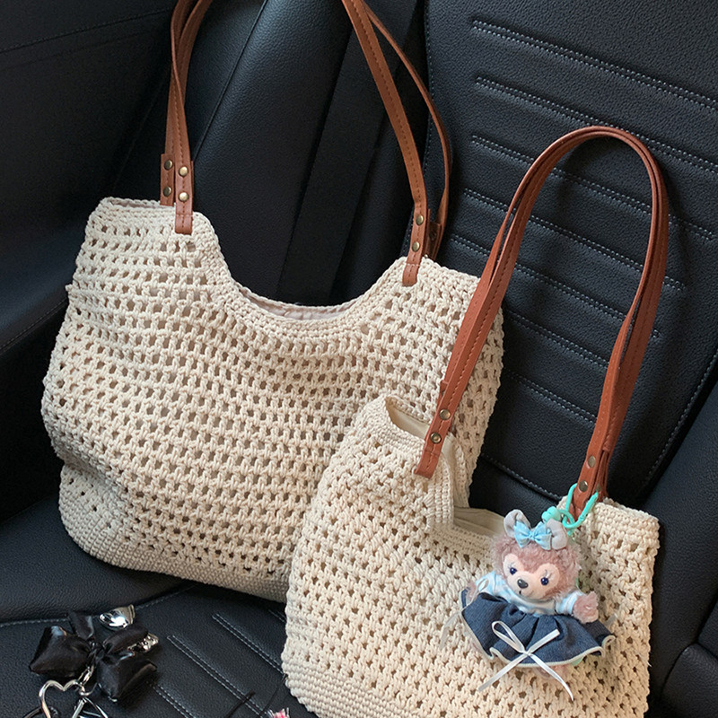 粥可可慵懒风棉线编织包包女夏季海边度假沙滩包大容量单肩托特包