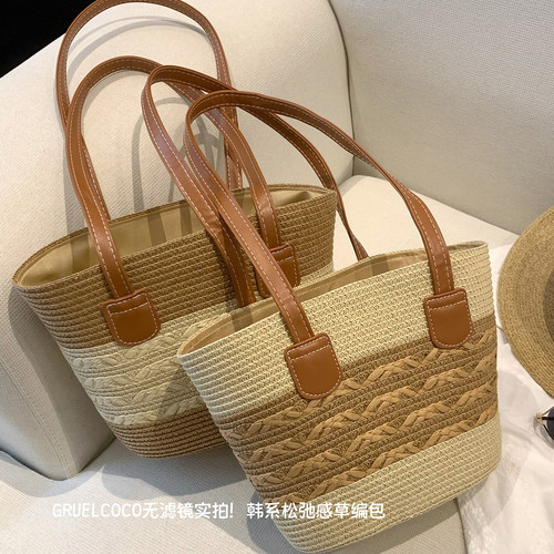 粥可可法式草编单肩包手工编织包女夏季海边度假沙滩水桶包托特包