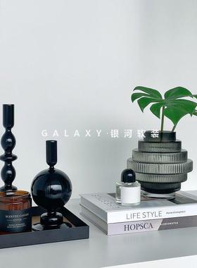 现代简约黑色玻璃烛台摆件样板间家居茶几托 托盘花瓶艺术软装饰