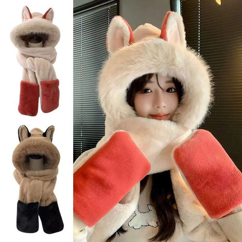 火狐狸毛绒滑雪帽子围巾一体女冬季保暖毛茸茸防寒骑行护耳雷锋帽