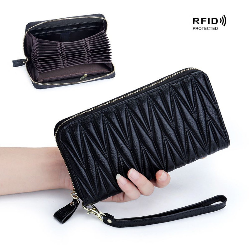 女士长款钱包大容量真皮rfid防盗刷风琴卡包头层牛皮拉链包女批发