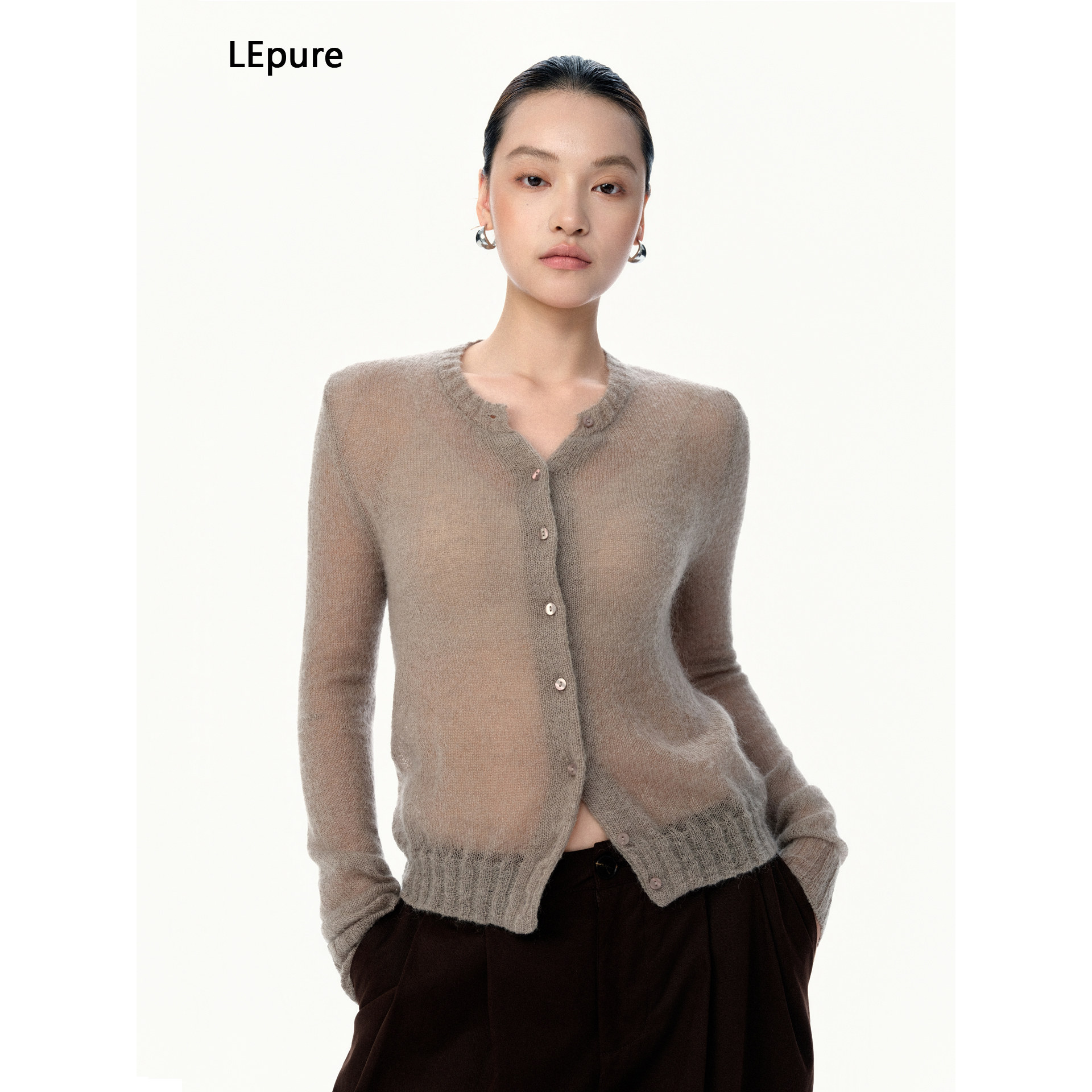 LEpure质感马海毛精纺羊毛开衫 驼咖圆领单排扣针织长袖外套女