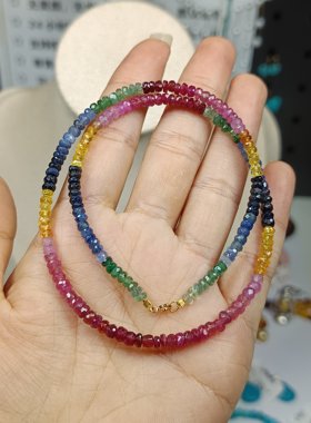 3940-彩虹系列18K卡3.5-4彩宝（红蓝宝祖母绿）项链，39.5cm