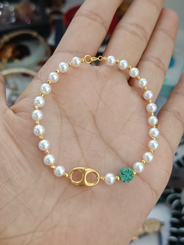 4301-独家原创18K卡4+天然极光珍珠猪鼻原矿绿松花花手链，16cm