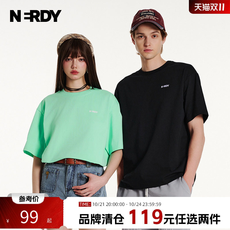 NERDY2024夏季新款背标情侣休闲短袖T恤宽松落肩潮流短袖