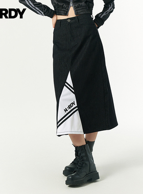 NERDY2024秋季新品女生拼接牛仔半身裙A字中长裙子时尚休闲潮牌