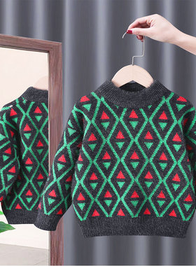 男童绿色毛衣秋冬款2025新款儿童针织衫加厚宝宝水貂绒半高领套头