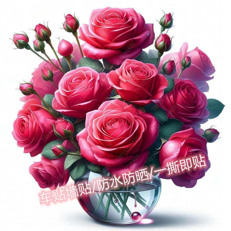 浪漫红玫瑰花瓶精致贴画墙面厨房遮丑鲜花贴纸冰箱马桶瓷砖贴花纸