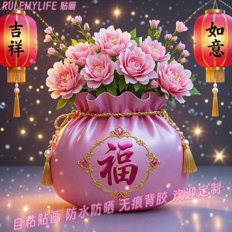 福袋纳福吉祥如意贴画新年喜庆墙贴纸家居自粘年画春节美化装饰画